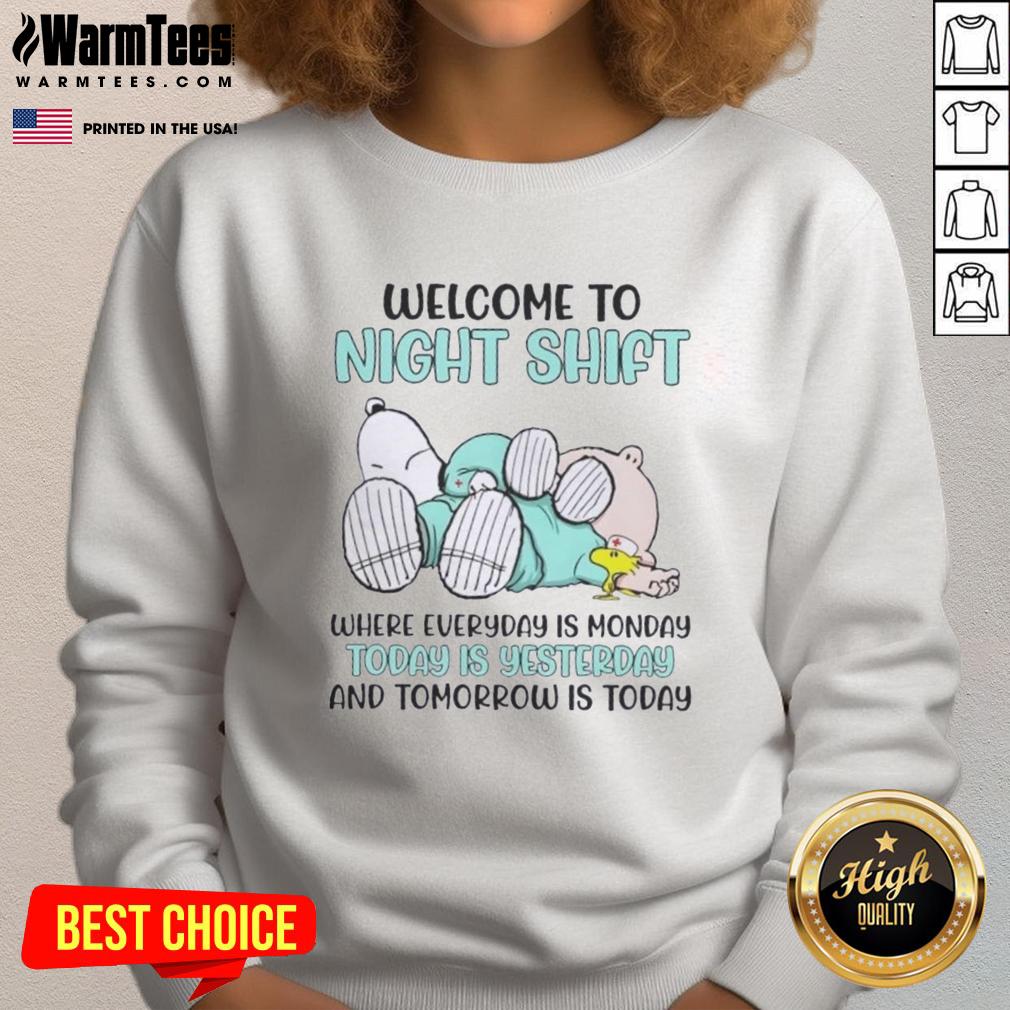 premium-peanuts-snoopy-welcome-to-night-shift-where-everyday-is-monday-today-is-yesterday-sweatshirt Premium Peanuts Snoopy sweatshirt with 'Welcome to Night Shift' design, perfect for everyday comfort and style.