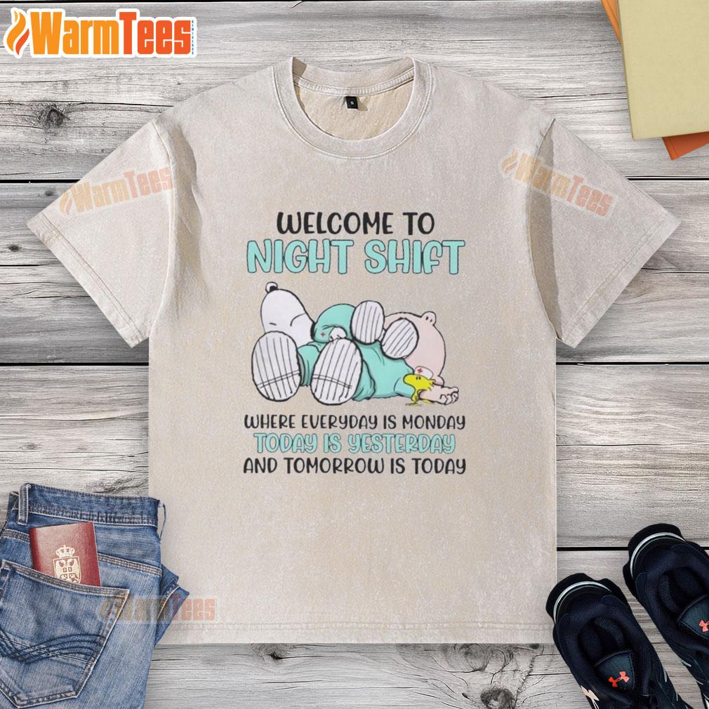 premium-peanuts-snoopy-welcome-to-night-shift-where-everyday-is-monday-today-is-yesterday-washed-t-shirt Alt Text: Premium Peanuts Snoopy welcome to night shift T-shirt featuring playful design for everyday wear.