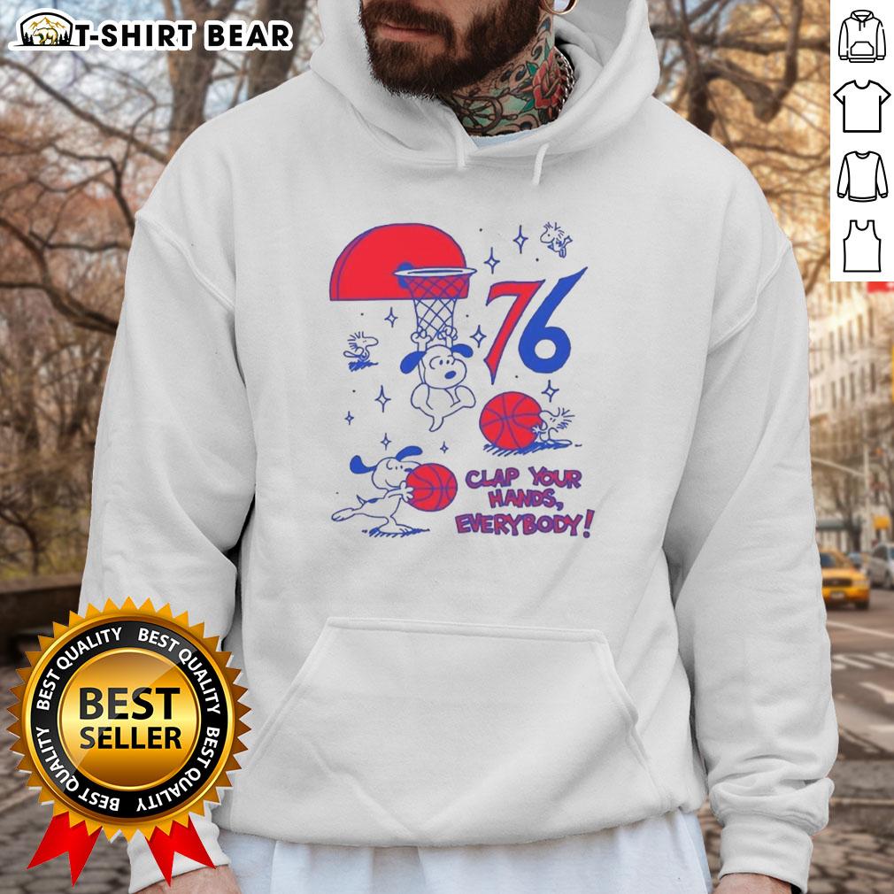 Premium Philadelphia 76ers X Snoopy And Woodstock Clap Your Hands Everybody Hoodie Alt Text: Premium Philadelphia 76ers X Snoopy and Woodstock hoodie featuring vibrant graphics and cozy design for fans.