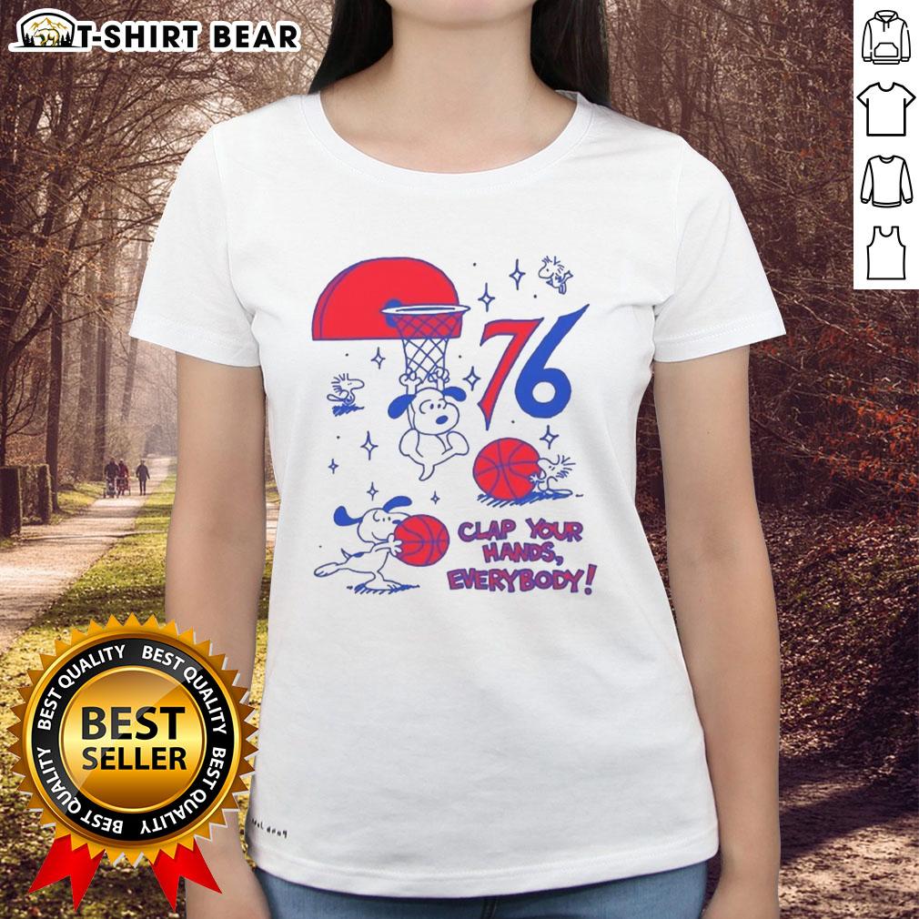 Premium Philadelphia 76ers X Snoopy And Woodstock Clap Your Hands Everybody Ladies-Tee Alt Text: Premium Philadelphia 76ers X Snoopy and Woodstock Clap Your Hands Everybody Ladies Tee in vibrant colors and stylish design.