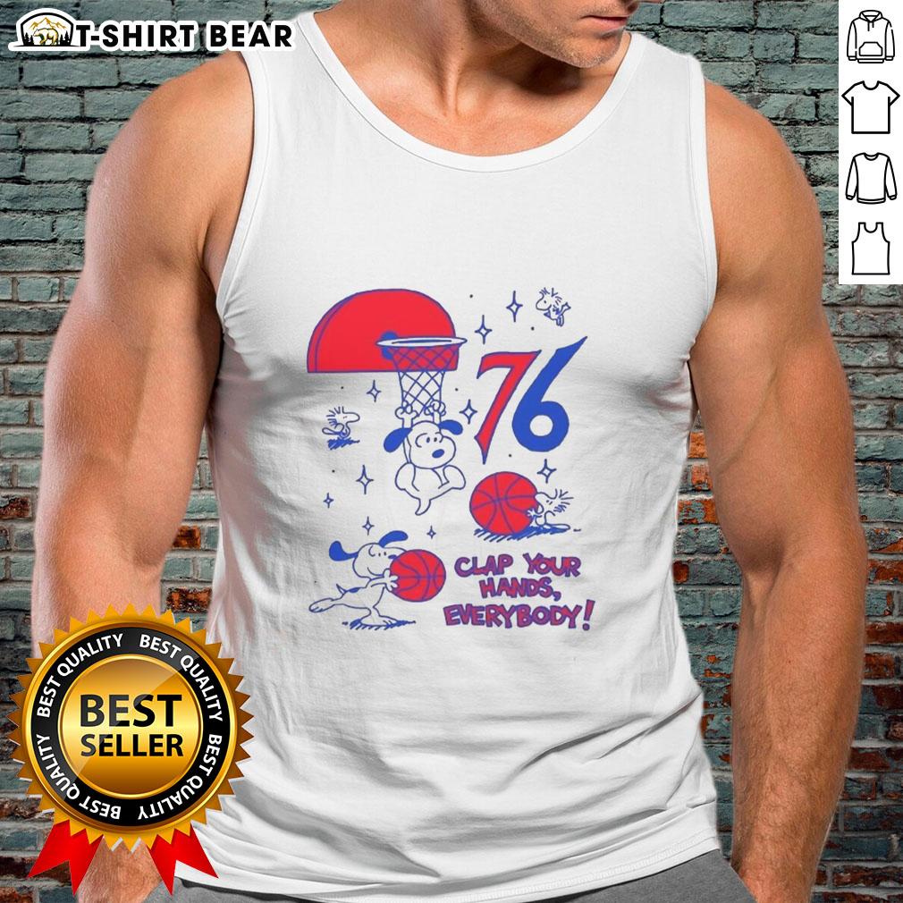 Premium Philadelphia 76ers X Snoopy And Woodstock Clap Your Hands Everybody Tank Top Premium Philadelphia 76ers X Snoopy and Woodstock tank top featuring playful graphics and a vibrant design for fans.