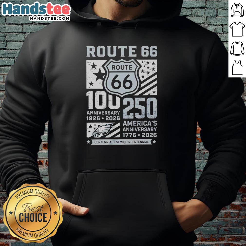 premium-philadelphia-eagles-route-66-centennial-100th-anniversary-1926-2026-250th-america-anniversary-hoodie Alt Text: Premium Philadelphia Eagles Route 66 hoodie for the 100th Anniversary (1926-2026) and America's 250th Anniversary.