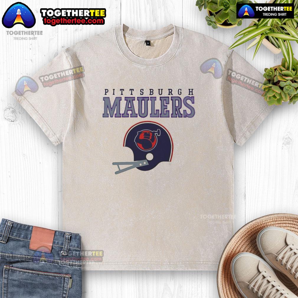 Premium Pittsburgh Maulers Usfl Helmet And Wordmark Washed T Shirt Premium Pittsburgh Maulers USFL helmet and wordmark washed t-shirt showcasing team spirit and style.