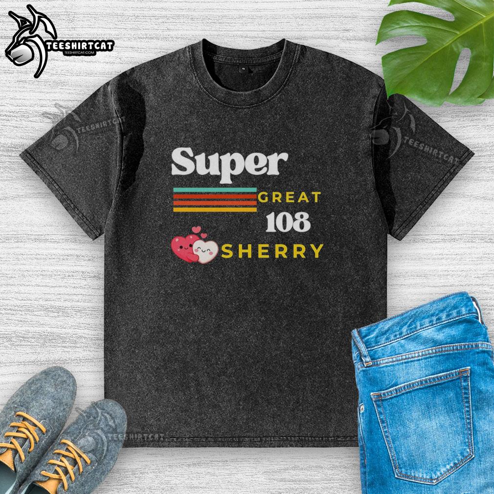 premium-super-great-108-loves-sherry-two-hearts-hugging-retro-washed-t-shirt Alt Text: Premium Super Great 108 Loves Sherry retro washed t-shirt with two hearts hugging design, perfect for casual wear.
