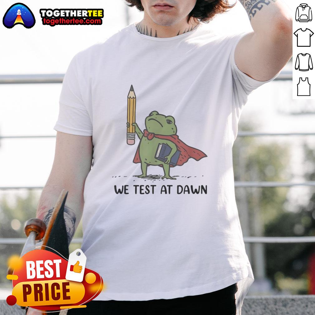 Premium Teacher Frog Holding Giant Pencil And Calculus Boook We Test At Dawn T-Shirt Alt Text: Premium teacher frog holding a giant pencil and calculus book on a We Test at Dawn t-shirt design.