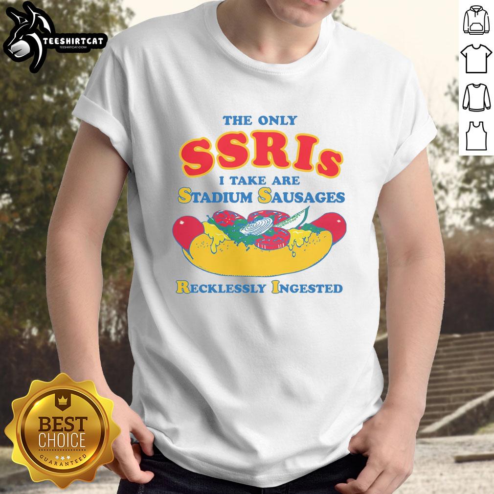 premium-the-only-ssris-i-take-are-stadium-sausages-recklessly-ingested-t-shirt Alt Text: Premium The Only SSRIs I Take Are Stadium Sausages T-Shirt featuring a humorous design for food and mental health enthusiasts.