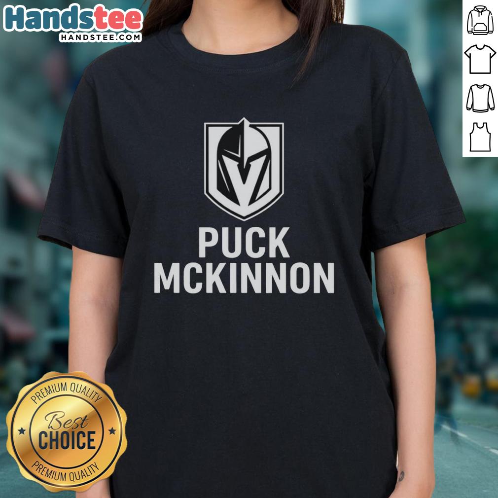 premium-vegas-golden-knights-ice-hockey-puck-mckinnon-logo-ladies-tee Premium Vegas Golden Knights ice hockey puck with McKinnon logo on a stylish ladies tee, perfect for fans.