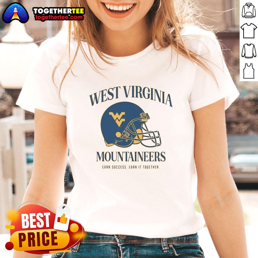 Premium West Virginia University Football Mountaineers Earn Success Earn It Together Ladies-Tee Premium West Virginia University Football Mountaineers 'Earn It Together' ladies tee in navy blue, perfect for fans.