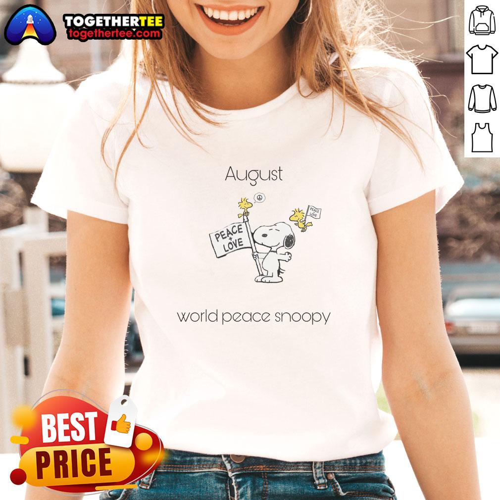 Pretty August World Peace Snoopy Woodstock Ladies Tee Pretty August World Peace Snoopy Woodstock ladies tee featuring vibrant graphics and a stylish design for peace lovers.