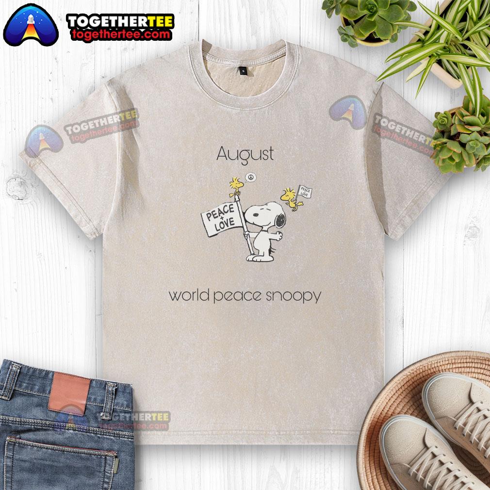 Pretty August World Peace Snoopy Woodstock Washed T Shirt Pretty August World Peace Snoopy and Woodstock washed t-shirt featuring vibrant graphics and a relaxed fit.