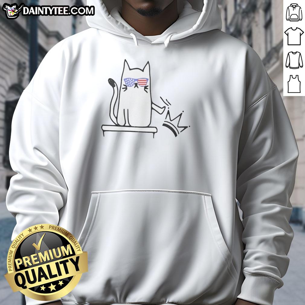 pretty-cat-no-kings-in-america-political-cat-hoodie Pretty cat wearing a 'No Kings in America' political hoodie, showcasing a fun and unique feline fashion statement.
