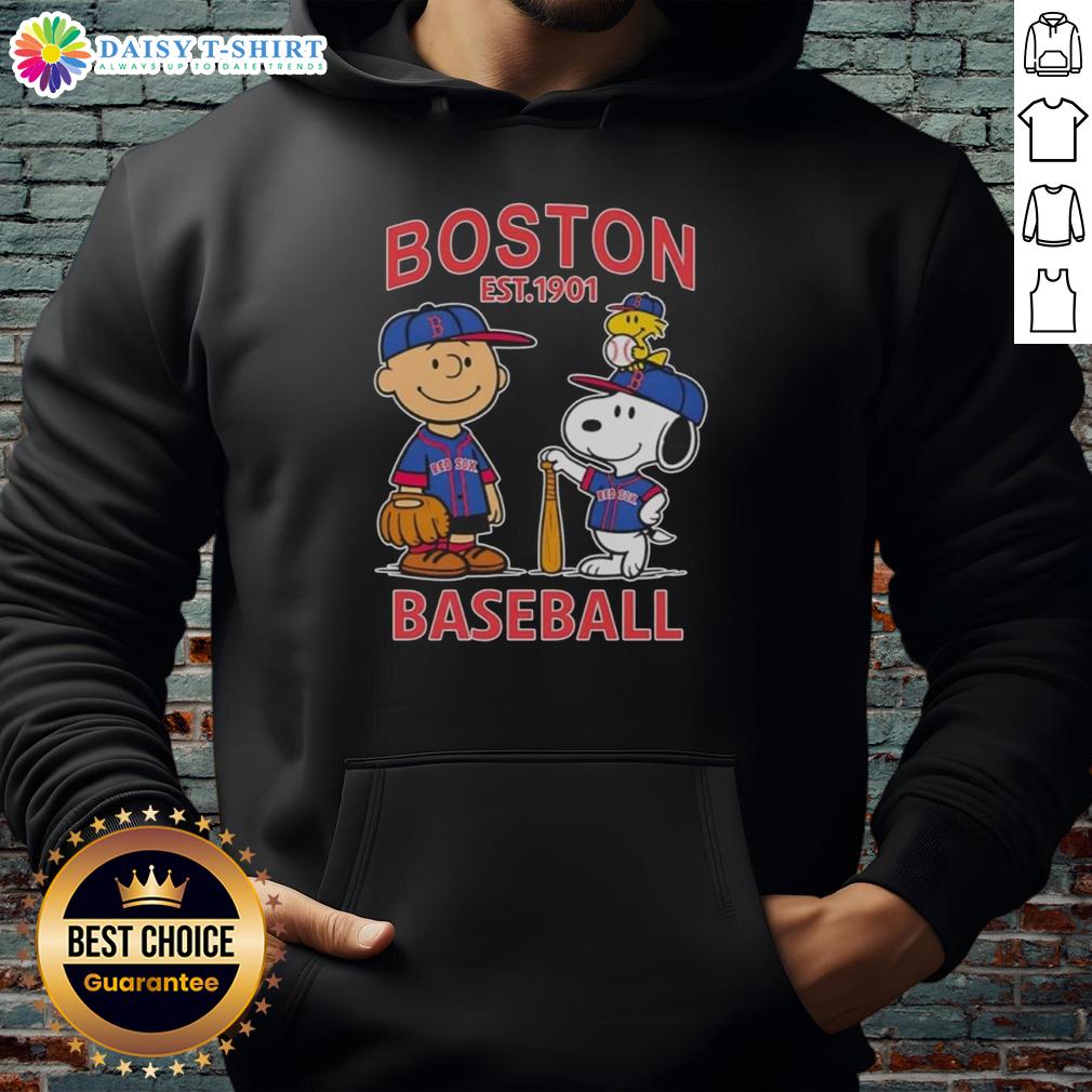 Pretty Charlie Brown And Snoopy X Boston Red Sox Basketball Est 1901 Hoodie Alt Text: Pretty Charlie Brown and Snoopy X Boston Red Sox hoodie, established 1901, showcasing a vibrant design for fans.