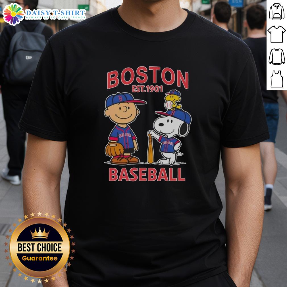Pretty Charlie Brown And Snoopy X Boston Red Sox Basketball Est 1901 T Shirt Alt Text: Pretty Charlie Brown and Snoopy X Boston Red Sox basketball t-shirt, established 1901, perfect for fans and collectors.