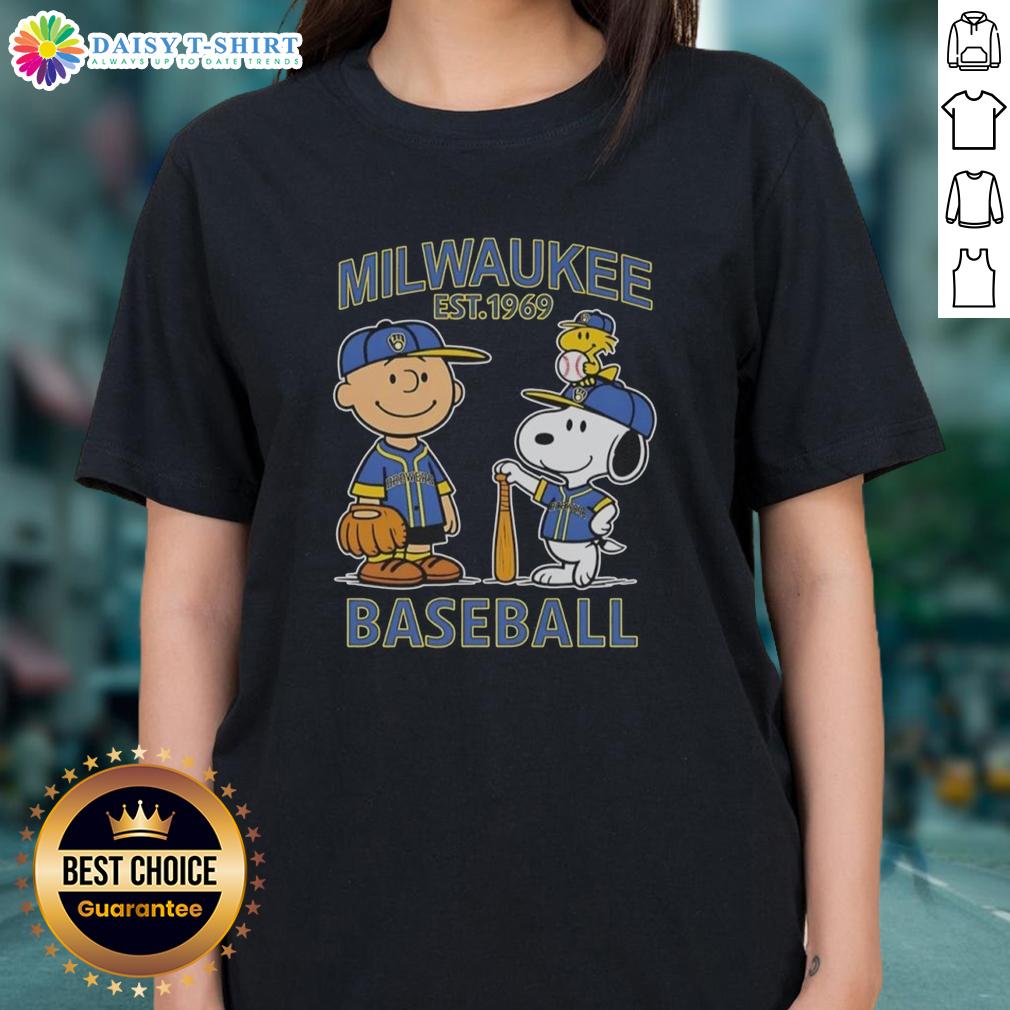 Pretty Charlie Brown And Snoopy X Milwaukee Brewers Basketball Est 1969 Ladies-Tee Pretty Charlie Brown and Snoopy Milwaukee Brewers basketball tee for ladies, established 1969, featuring colorful design.