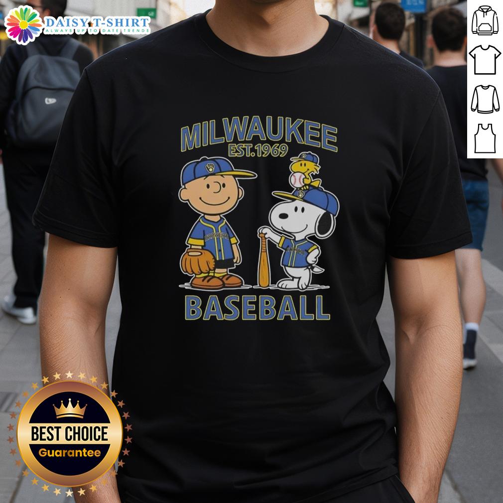Pretty Charlie Brown And Snoopy X Milwaukee Brewers Basketball Est 1969 T Shirt Alt Text: Pretty Charlie Brown and Snoopy X Milwaukee Brewers Basketball T-Shirt, established 1969, showcasing a fun design.