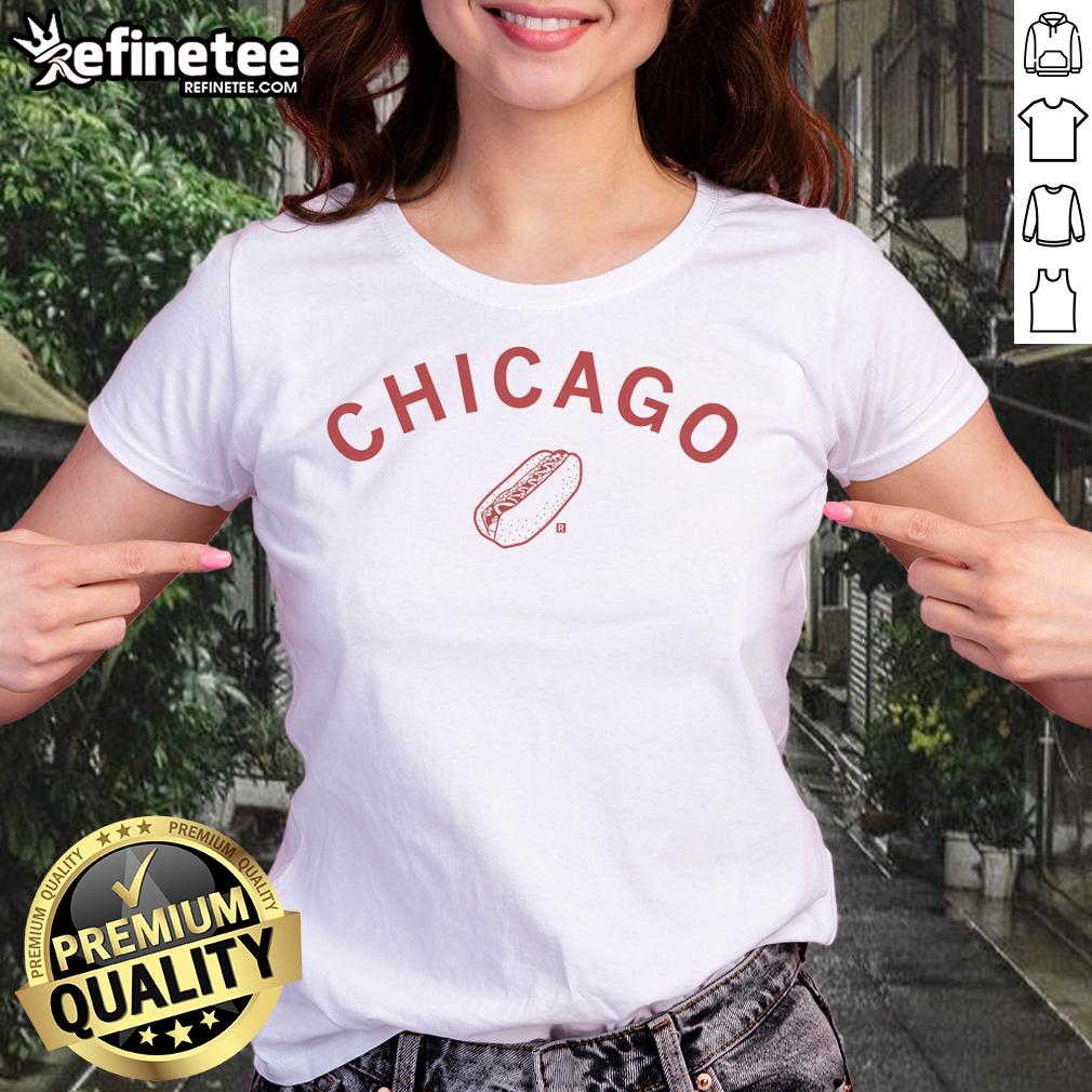 pretty-chicago-hot-dog-curved-ladies-tee Pretty Chicago Hot Dog curved ladies tee featuring a vibrant graphic of a classic Chicago-style hot dog design.