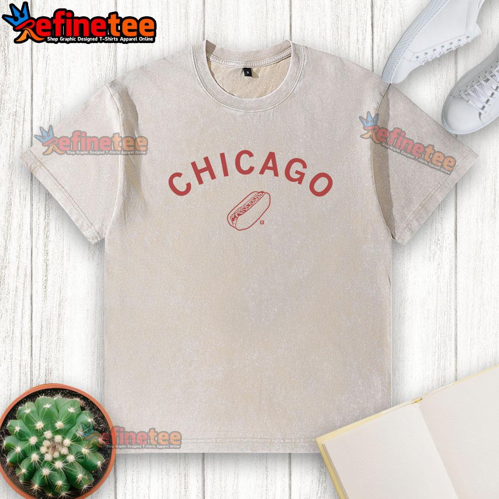 pretty-chicago-hot-dog-curved-washed-t-shirt Pretty Chicago Hot Dog Curved Washed T-Shirt featuring a colorful graphic of a Chicago-style hot dog on a soft fabric.