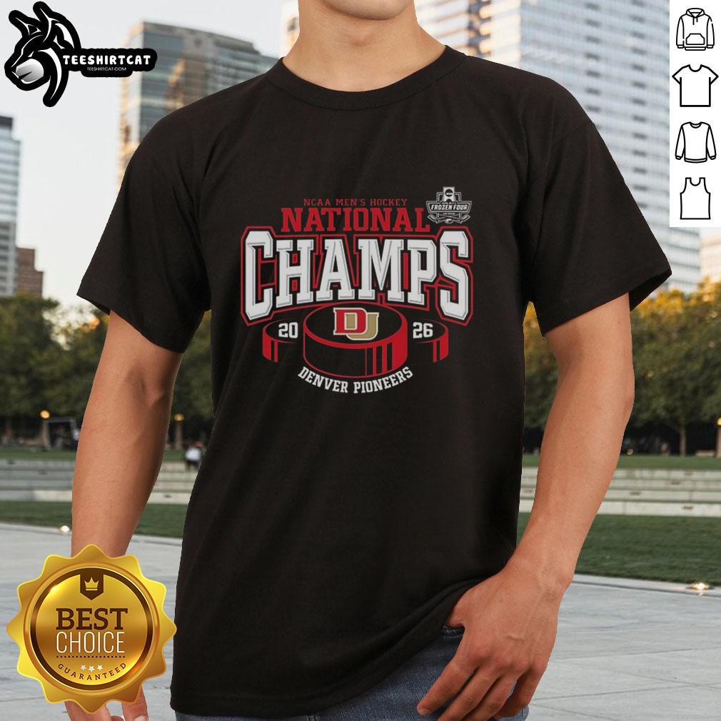pretty-denver-pioneers-2026-ncaa-frozen-four-mens-ice-hockey-national-champions-hockey-puck-t-shirt Alt Text: Pretty Denver Pioneers 2026 NCAA Frozen Four Men's Ice Hockey National Champions T-Shirt featuring a hockey puck design.