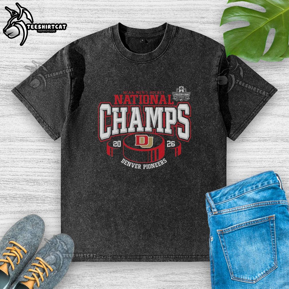 pretty-denver-pioneers-2026-ncaa-frozen-four-mens-ice-hockey-national-champions-hockey-puck-washed-t-shirt Pretty Denver Pioneers 2026 NCAA Frozen Four Men's Ice Hockey National Champions washed t-shirt featuring team logo.