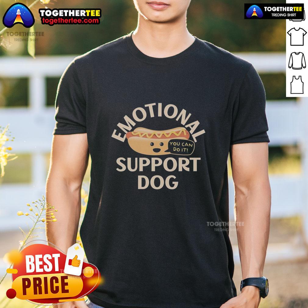 Pretty Emotional Support Dog Hot Dog T Shirt Alt Text: Cute emotional support dog wearing a hot dog T-shirt, showcasing playful pet fashion for dog lovers.