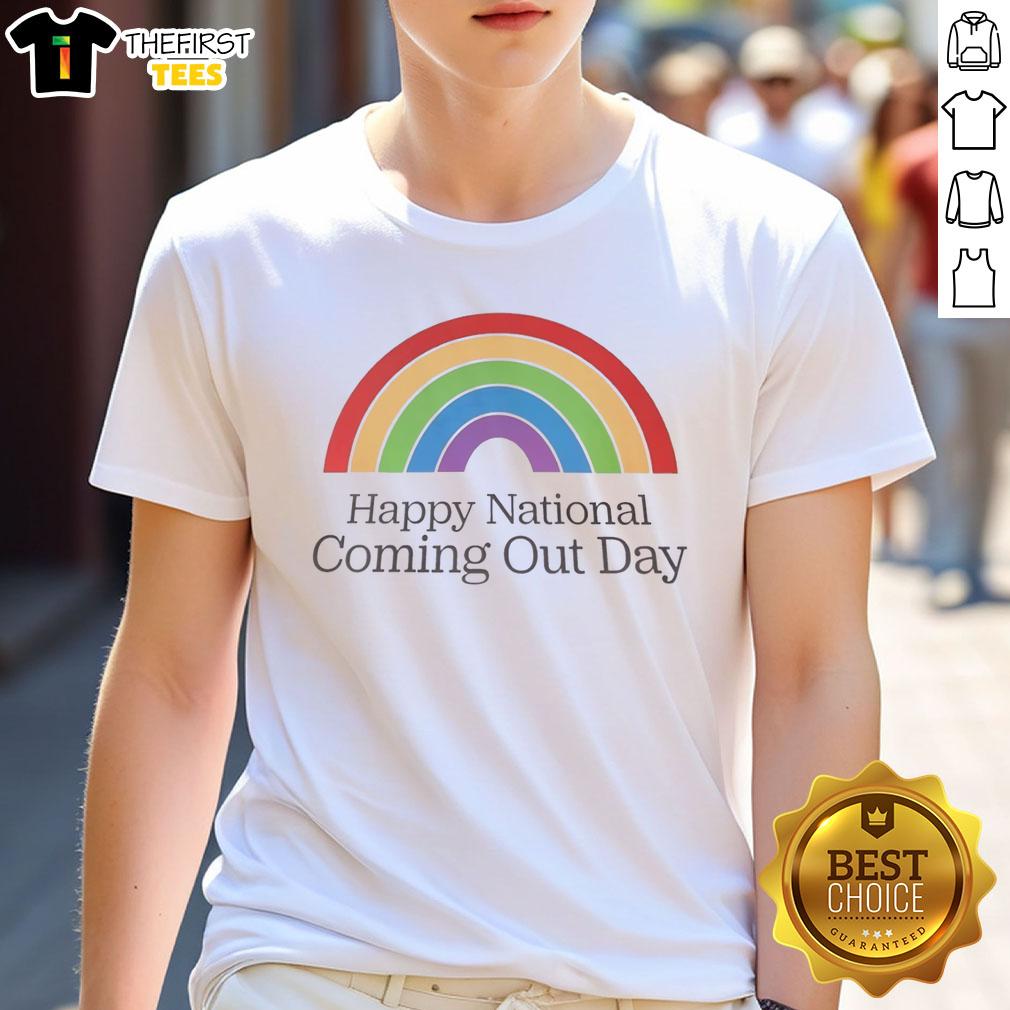pretty-happy-national-coming-out-day-rainbow-t-shirt-1 Alt Text: Vibrant rainbow T-shirt for National Coming Out Day featuring the text Pretty Happy in bold, colorful letters.