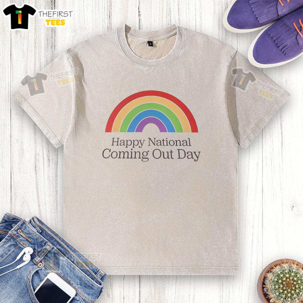 pretty-happy-national-coming-out-day-rainbow-washed-t-shirt Alt Text: Pretty happy National Coming Out Day rainbow washed t-shirt showcasing vibrant colors and inclusive design.
