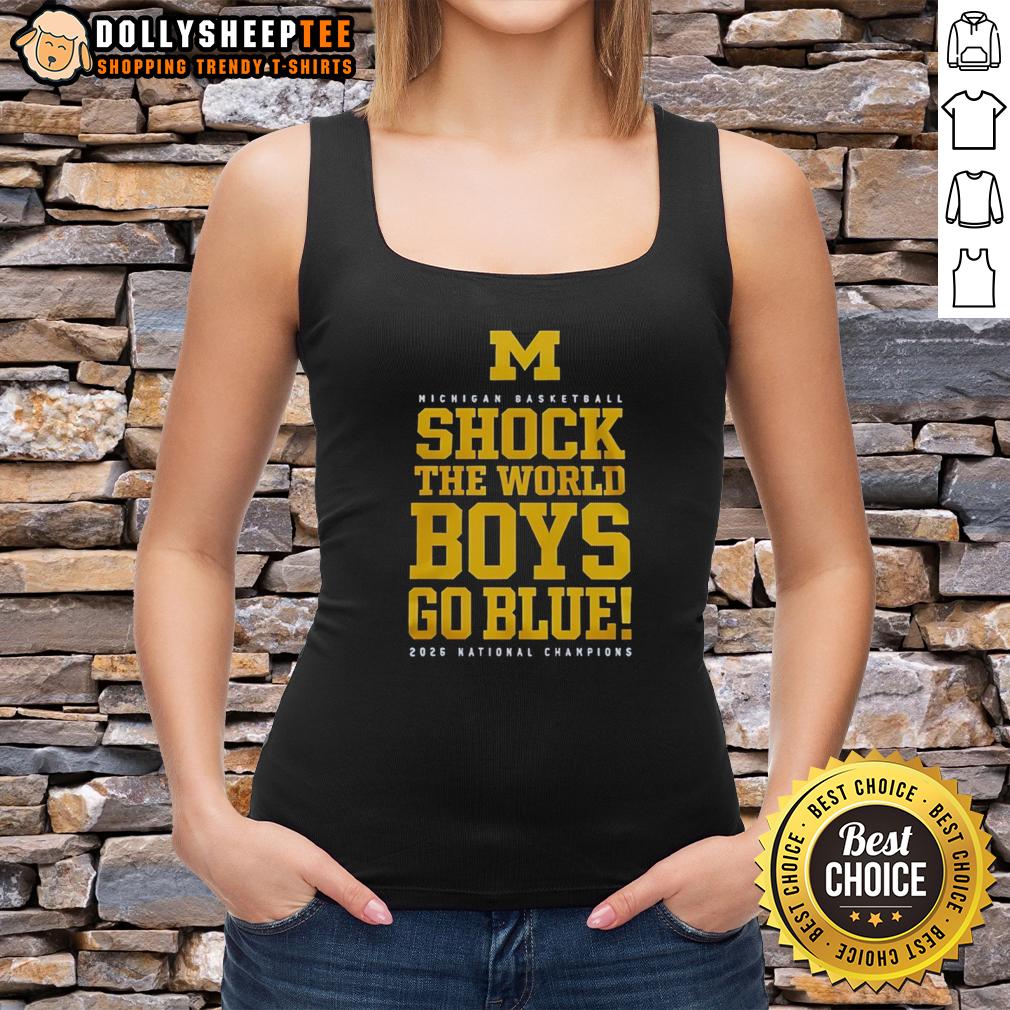 Pretty Michigan Wolverines Ncaa Men's Basketball National Champions 2026 Shock The World Boys Go Blue Tank Top Michigan Wolverines NCAA Men's Basketball National Champions 2026 tank top featuring 'Shock The World' and 'Go Blue' design.