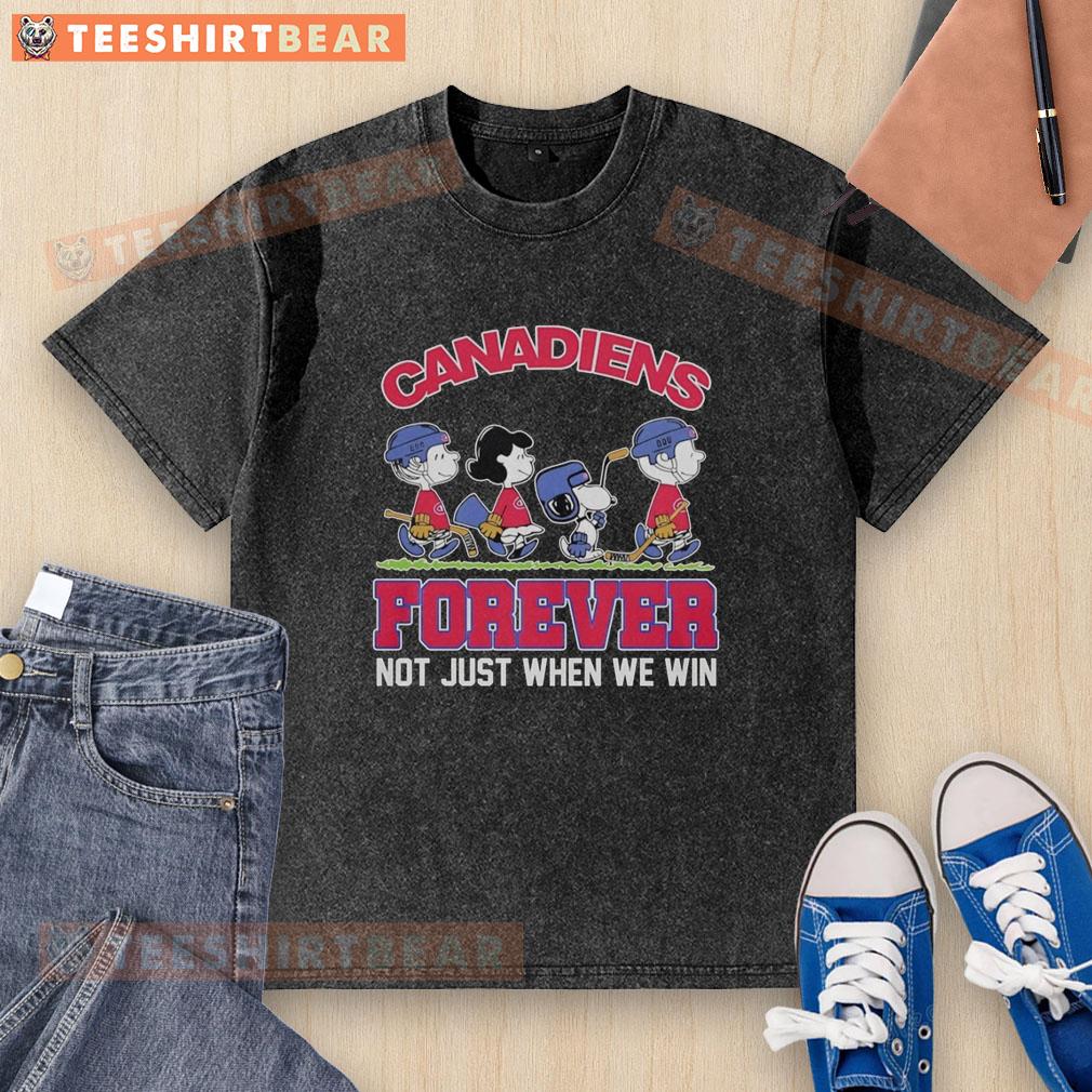 pretty-peanuts-characters-x-montreal-canadiens-nhl-forever-not-just-when-we-win-washed-t-shirt Pretty Peanuts Characters X Montreal Canadiens NHL Forever T-Shirt design featuring iconic characters and team spirit.