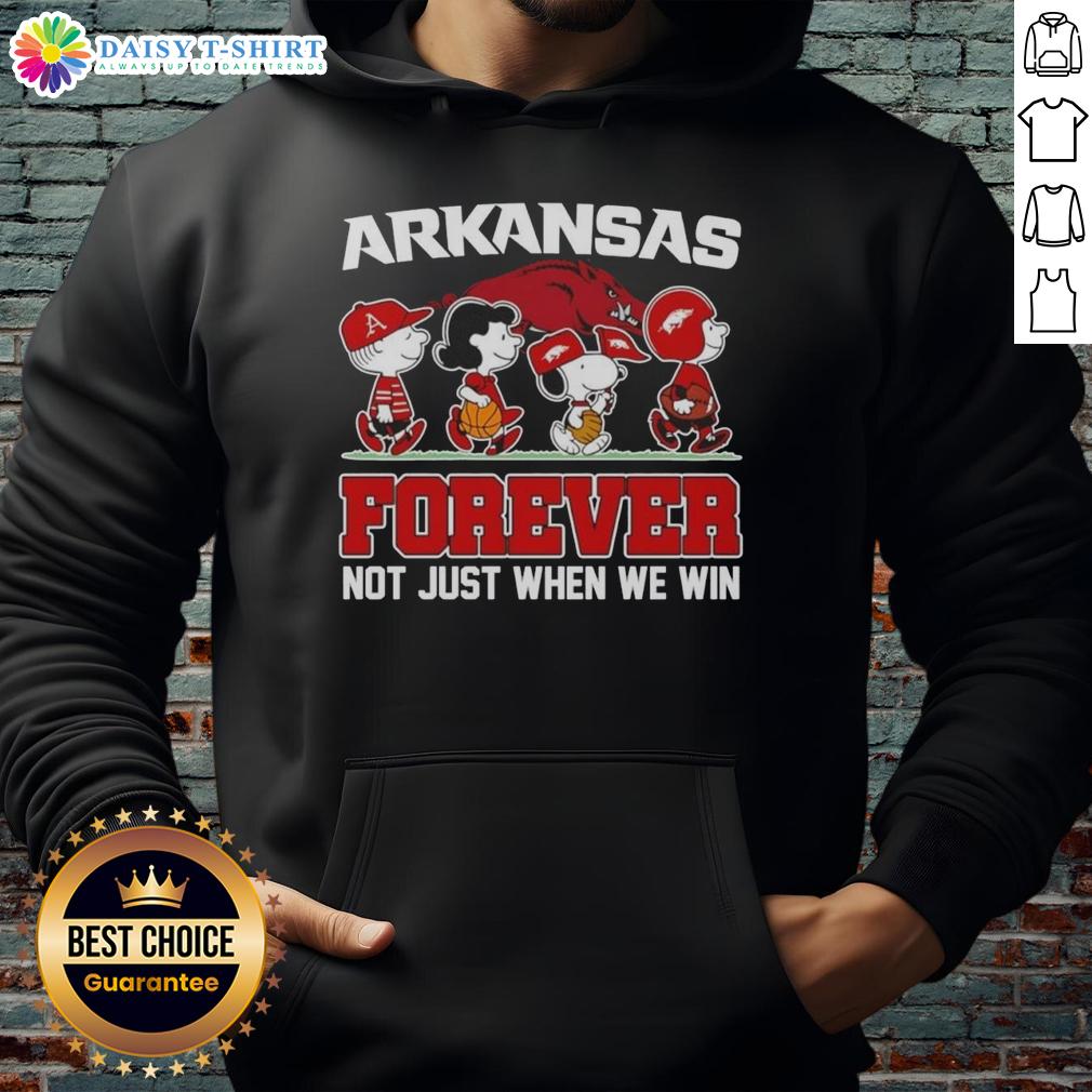 Pretty Peanuts X Arkansas Razorbacks Forever Fan Not Just When We Win Cartoon Characters Hoodie Alt Text: Cartoon characters on a hoodie with 'Pretty Peanuts X Arkansas Razorbacks Forever Fan' slogan for true fans.