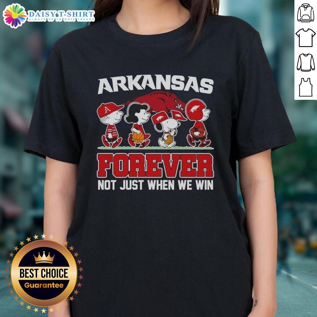 Pretty Peanuts X Arkansas Razorbacks Forever Fan Not Just When We Win Cartoon Characters Ladies-Tee Alt Text: Pretty Peanuts x Arkansas Razorbacks Forever Fan tee featuring cartoon characters, perfect for true fans.