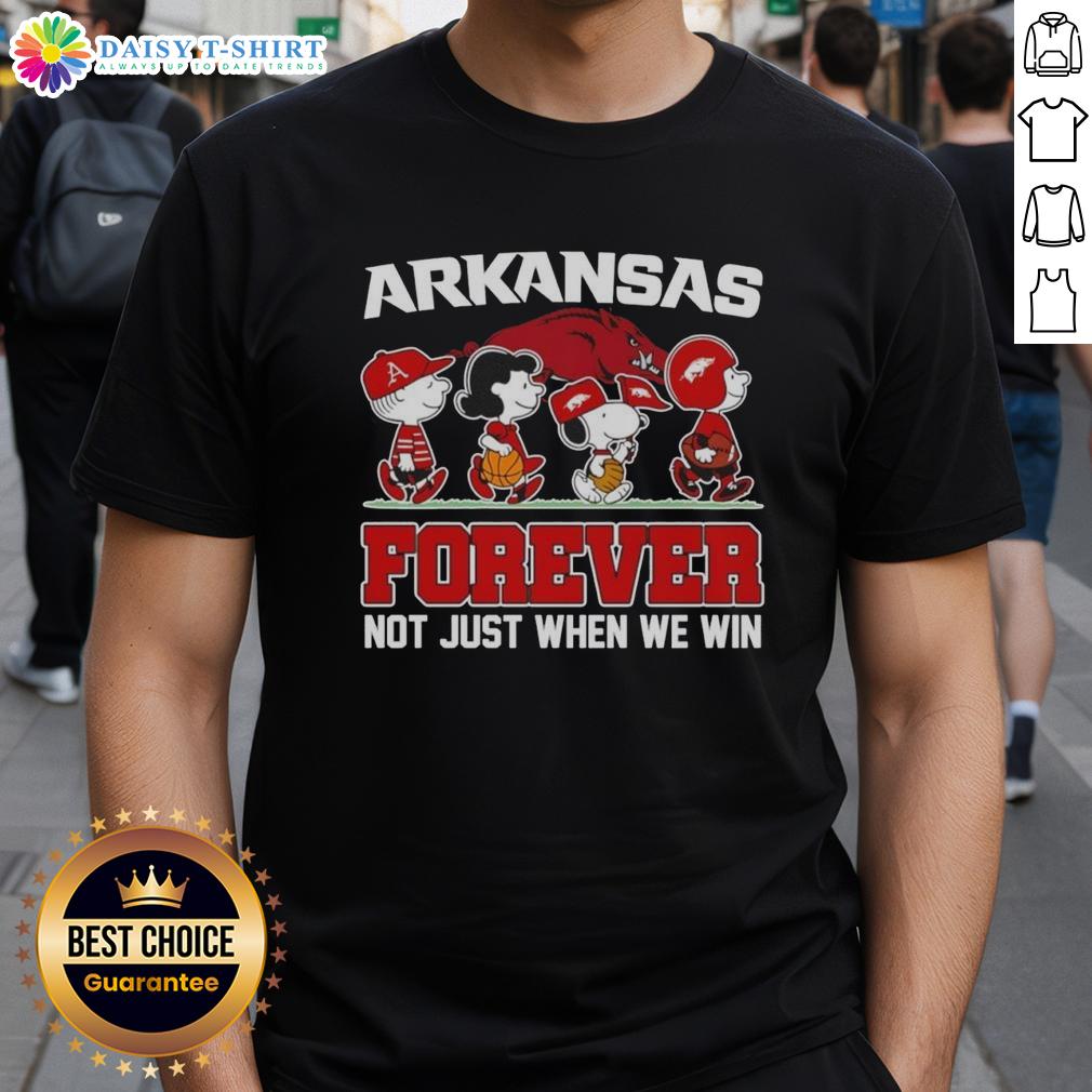 Pretty Peanuts X Arkansas Razorbacks Forever Fan Not Just When We Win Cartoon Characters T-Shirt Alt Text: Cartoon characters on a 'Pretty Peanuts X Arkansas Razorbacks' fan T-shirt, showcasing team spirit beyond just winning.