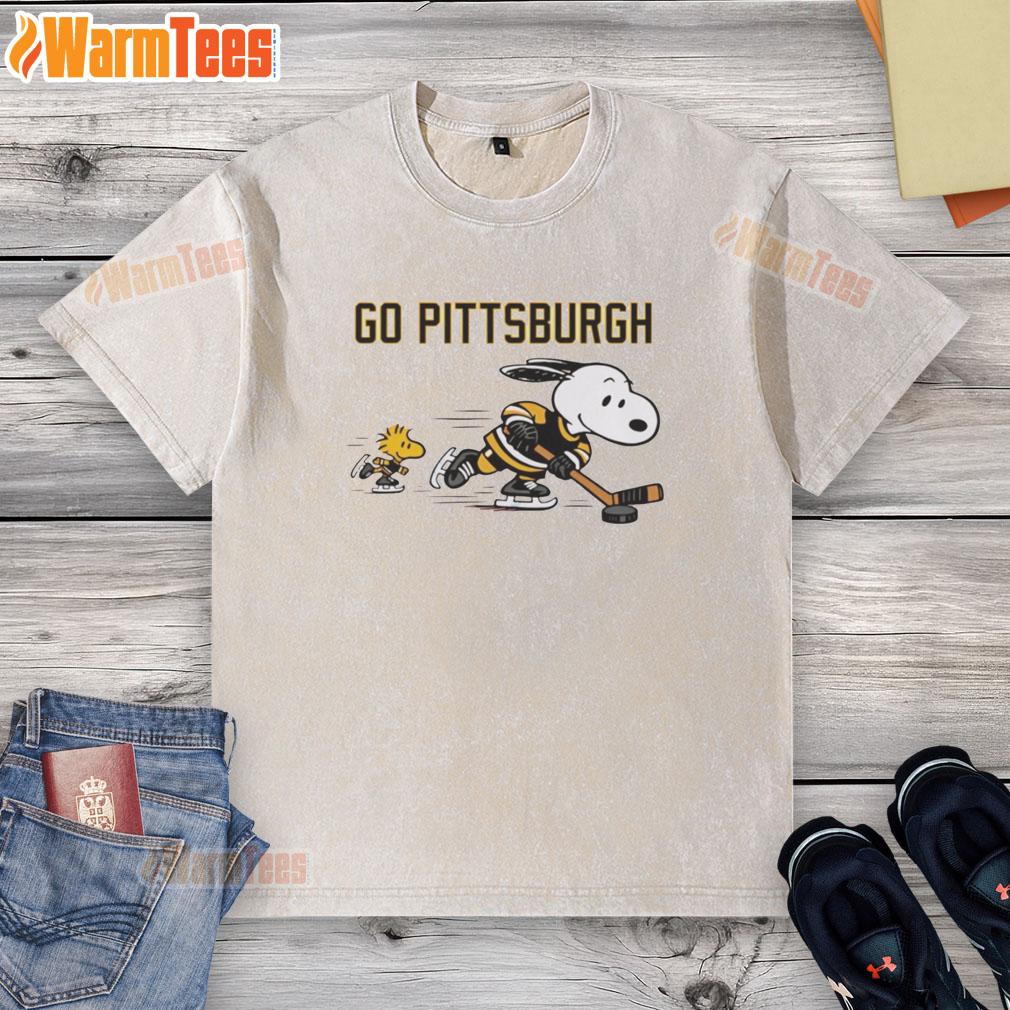 pretty-snoopy-and-woodstock-cheer-for-pittsburgh-penguins-go-pittsburgh-washed-t-shirt Alt Text: Pretty Snoopy and Woodstock cheer for Pittsburgh Penguins on a washed t-shirt, perfect for fans showing team spirit.