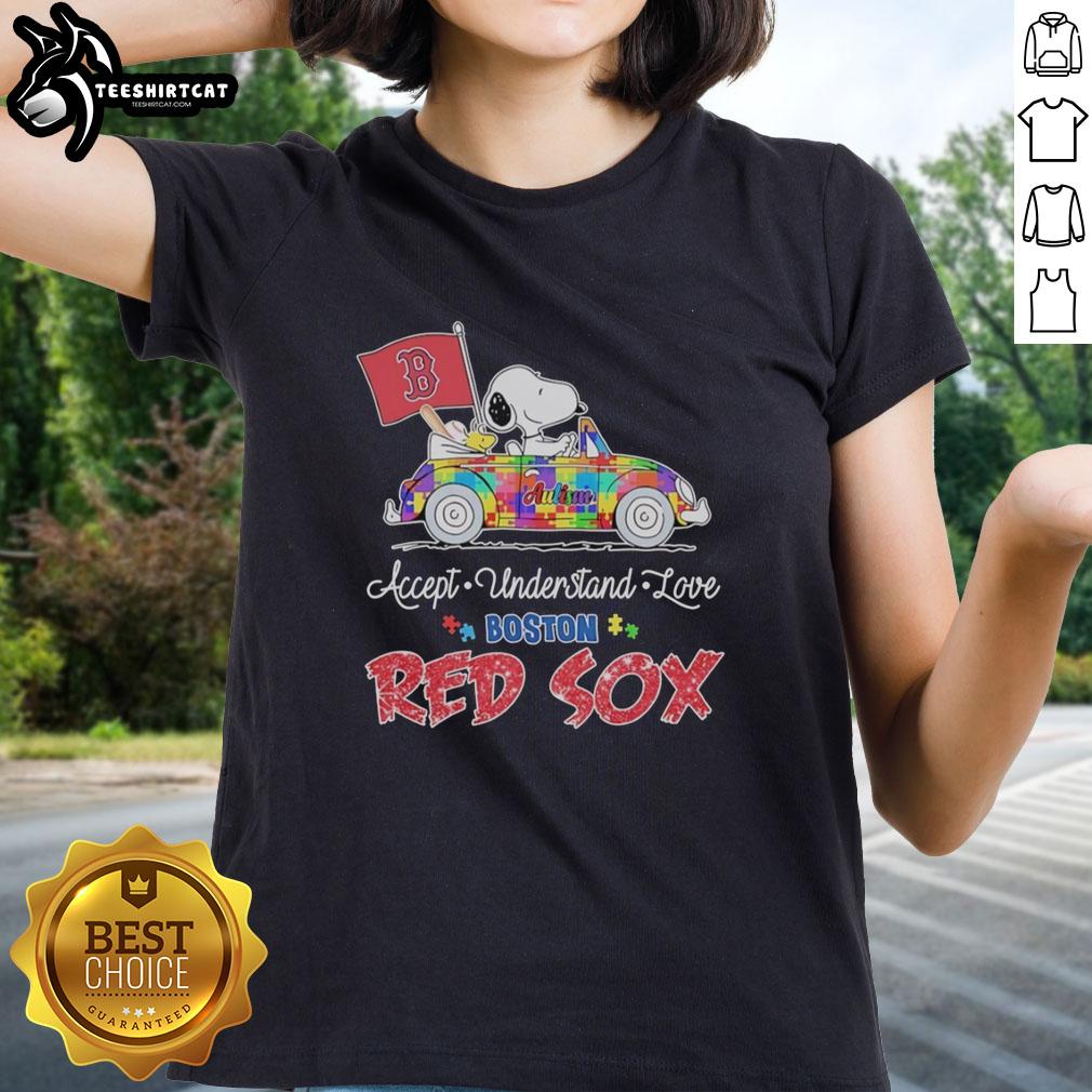 pretty-snoopy-and-woodstock-driving-car-autism-accept-understand-love-boston-red-sox-ladies-tee Alt Text: Pretty Snoopy and Woodstock driving a car on Boston Red Sox ladies tee promoting autism acceptance and love.
