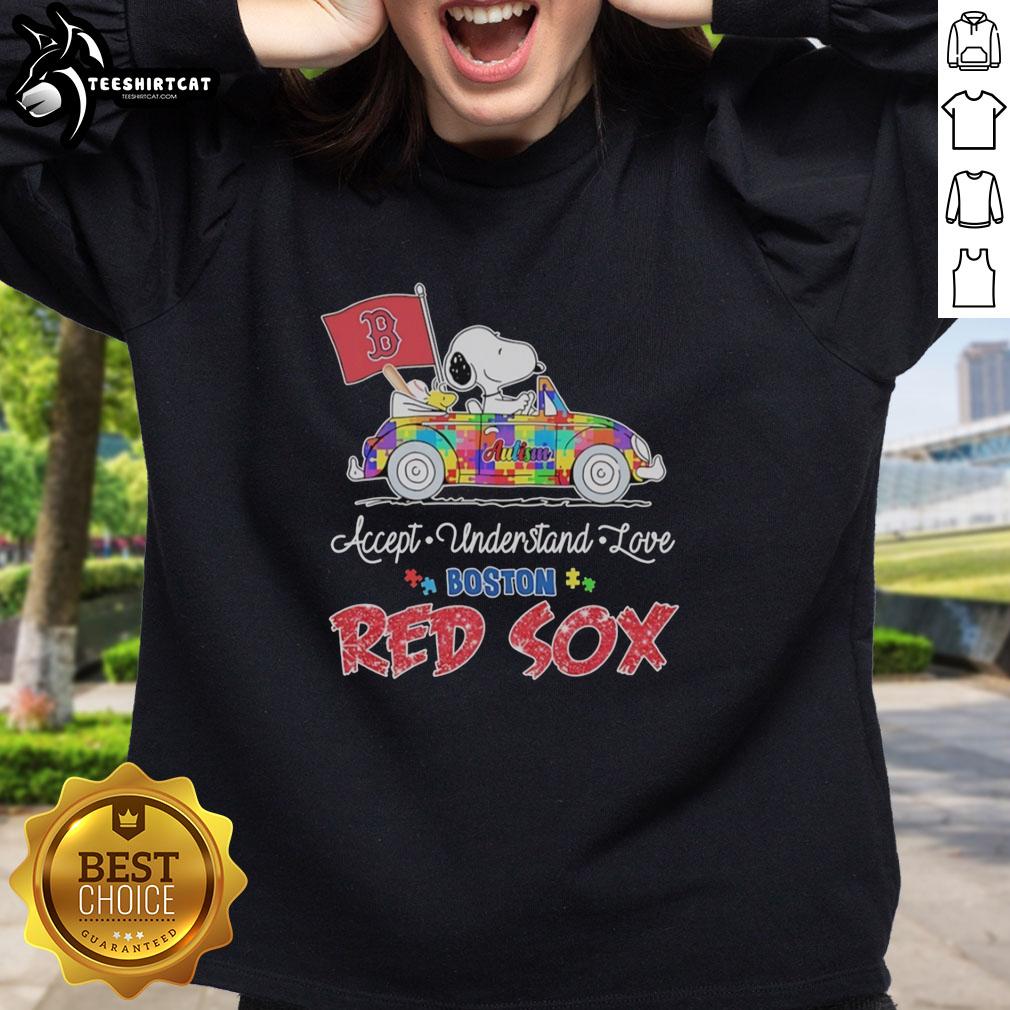 pretty-snoopy-and-woodstock-driving-car-autism-accept-understand-love-boston-red-sox-sweatshirt Alt Text: Snoopy and Woodstock driving in a car on a Boston Red Sox sweatshirt promoting autism acceptance and love.