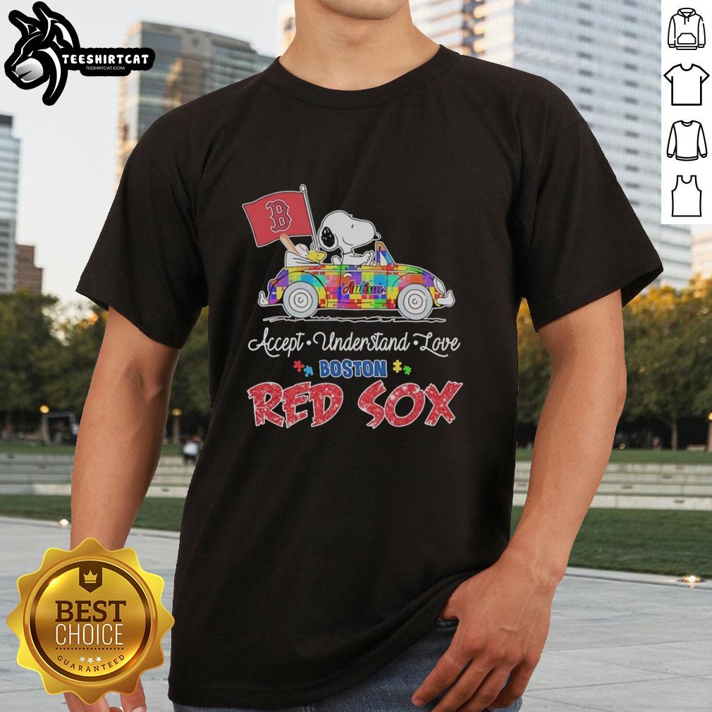 pretty-snoopy-and-woodstock-driving-car-autism-accept-understand-love-boston-red-sox-t-shirt-1 Pretty Snoopy and Woodstock driving a car on a Boston Red Sox t-shirt promoting autism acceptance and love.