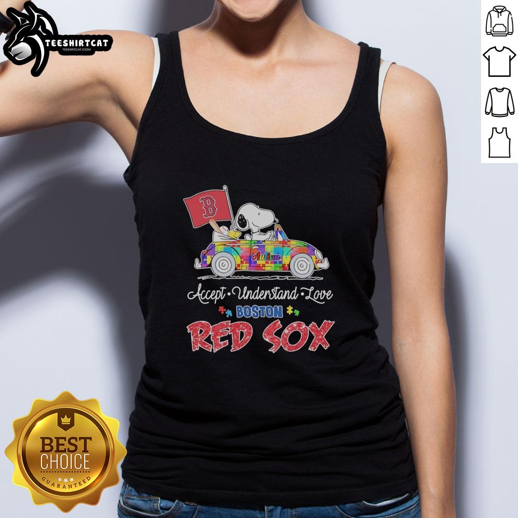 pretty-snoopy-and-woodstock-driving-car-autism-accept-understand-love-boston-red-sox-tank-top Pretty Snoopy and Woodstock driving a car in a Boston Red Sox tank top promoting autism acceptance and love.