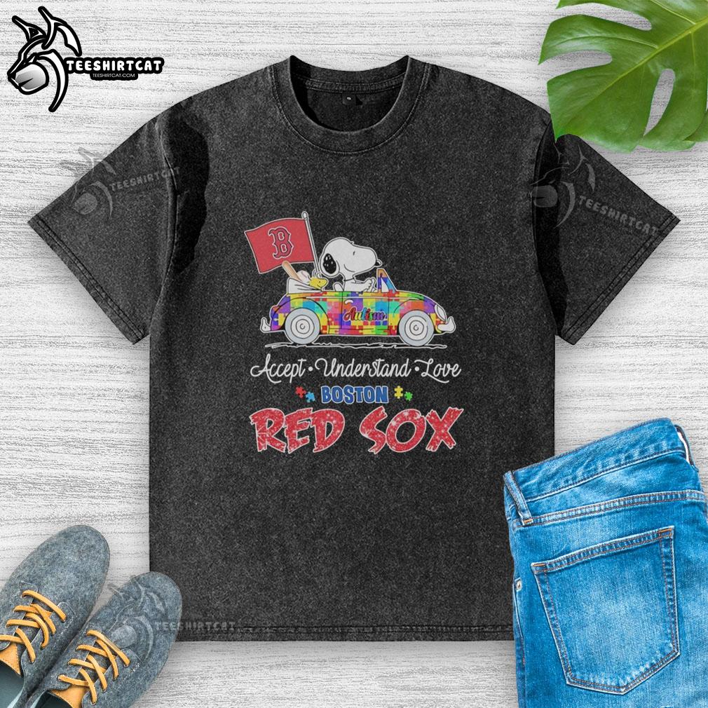pretty-snoopy-and-woodstock-driving-car-autism-accept-understand-love-boston-red-sox-washed-t-shirt Alt Text: Snoopy and Woodstock driving a car on a Boston Red Sox t-shirt, promoting autism acceptance and love.