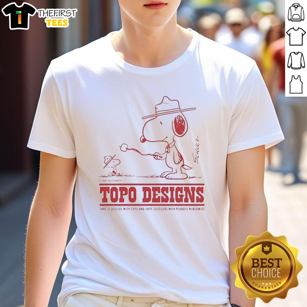 pretty-snoopy-and-woodstock-topo-degi-take-it-outside-with-topo-and-2019-outdoors-with-peanuts-worldwide-t-shirt Alt Text: Pretty Snoopy and Woodstock outdoor t-shirt from Peanuts Worldwide featuring Topo Degi design for 2019 adventures.