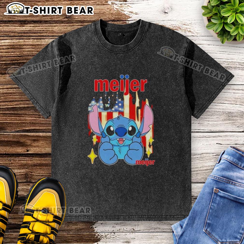 Pretty Stitch Like Meijer Usa Flag Washed T Shirt Pretty Stitch Like Meijer USA Flag Washed T-Shirt showcasing a stylish design with a vintage American flag.