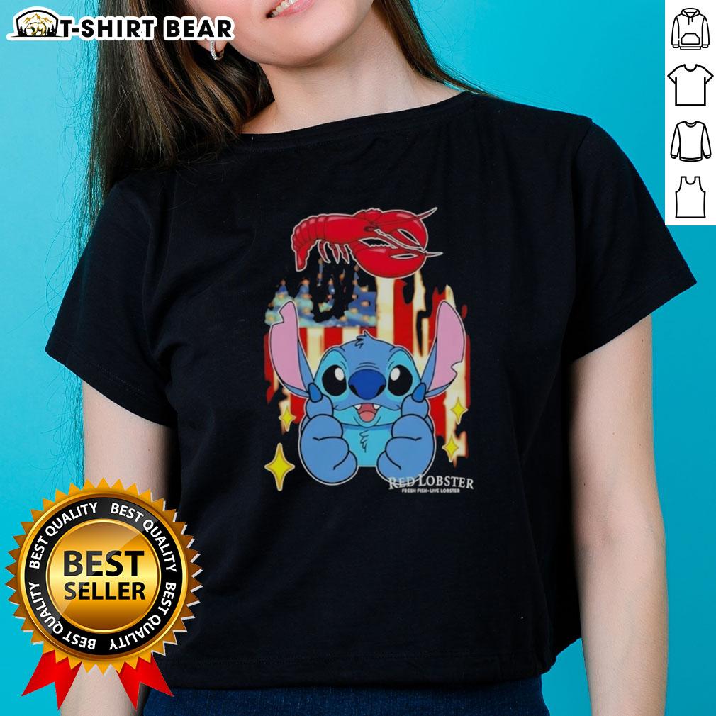Pretty Stitch Like Red Lobster Usa Flag Ladies Tee Pretty stitch-like red lobster design on USA flag ladies tee, perfect for patriotic summer celebrations.