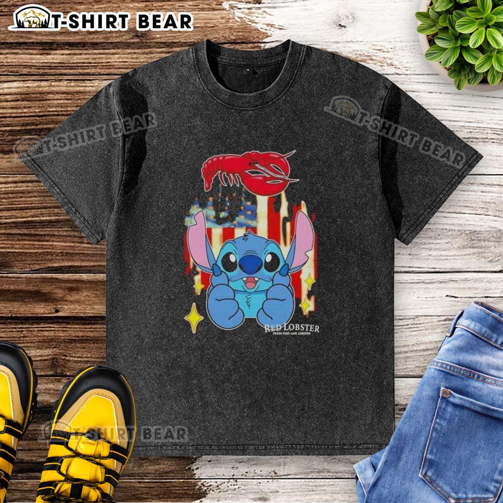 Pretty Stitch Like Red Lobster Usa Flag Washed T Shirt Alt Text: Pretty stitch-like red lobster USA flag washed t-shirt showcasing a vibrant design perfect for summer wear.