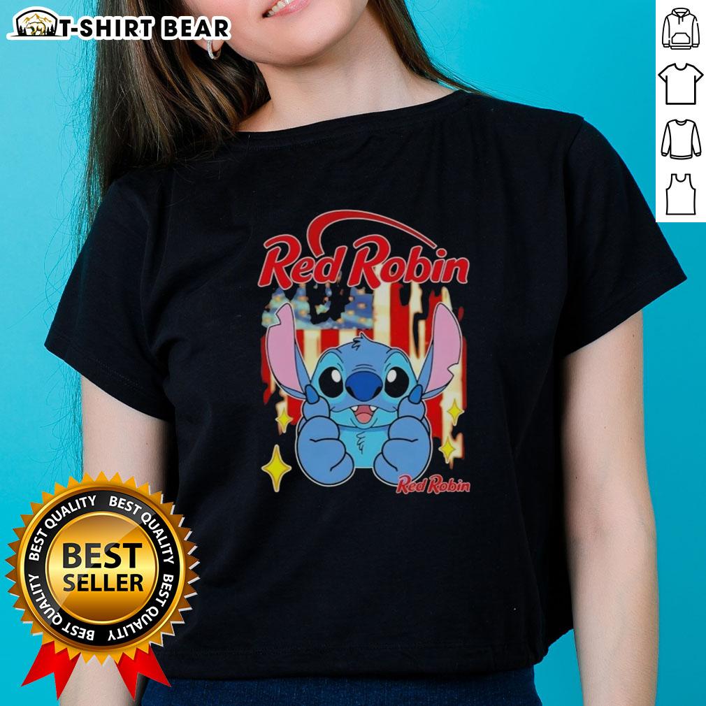 Pretty Stitch Like Red Robin Usa Flag Ladies Tee Alt Text: Pretty Stitch Like Red Robin USA Flag Ladies Tee featuring a stylish design perfect for patriotic celebrations.
