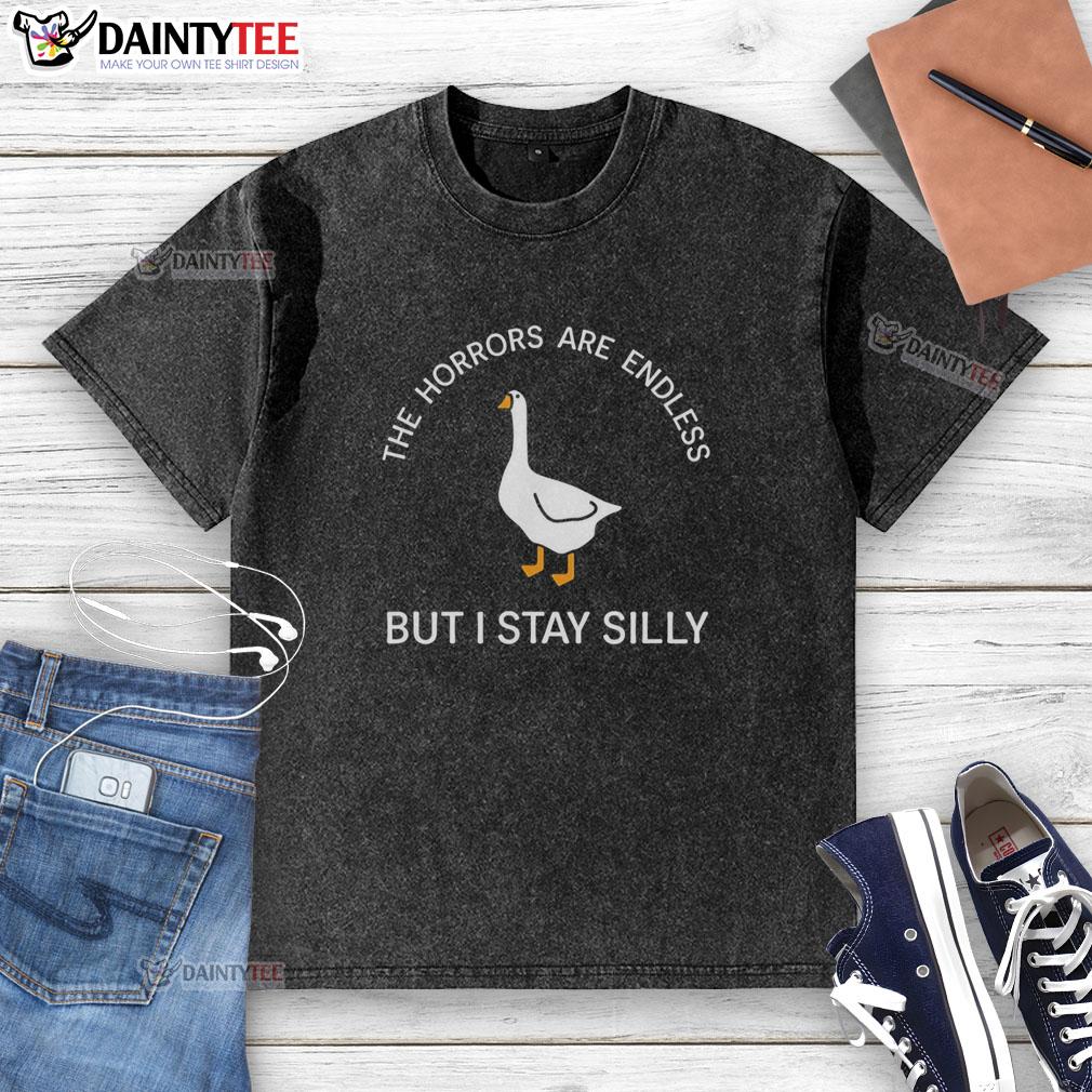 pretty-the-horrors-are-endless-but-i-stay-silly-washed-t-shirt Pretty The Horrors Are Endless But I Stay Silly washed t-shirt displayed on a neutral background, showcasing its unique design.