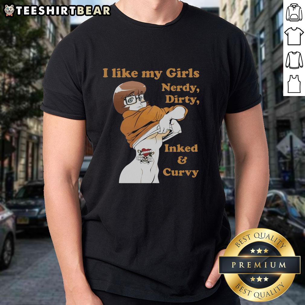 pretty-velma-dinkley-scooby-doo-i-like-my-girls-nerdy-dirty-inked-and-curvy-t-shirt Pretty Velma Dinkley Scooby-Doo T-shirt featuring 'I Like My Girls Nerdy Dirty Inked And Curvy' design.