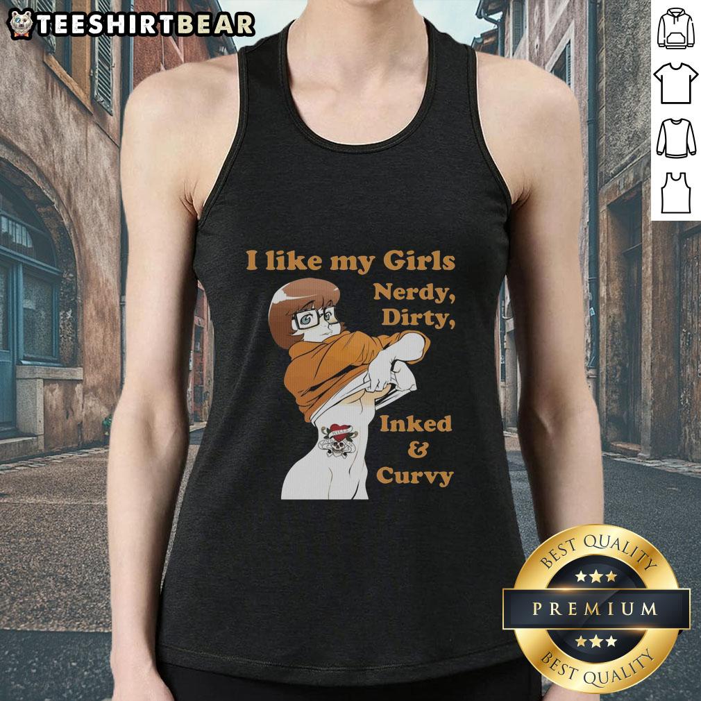 pretty-velma-dinkley-scooby-doo-i-like-my-girls-nerdy-dirty-inked-and-curvy-tank-top Pretty Velma Dinkley in a tank top reading 'I Like My Girls Nerdy, Dirty, Inked, and Curvy' from Scooby-Doo.