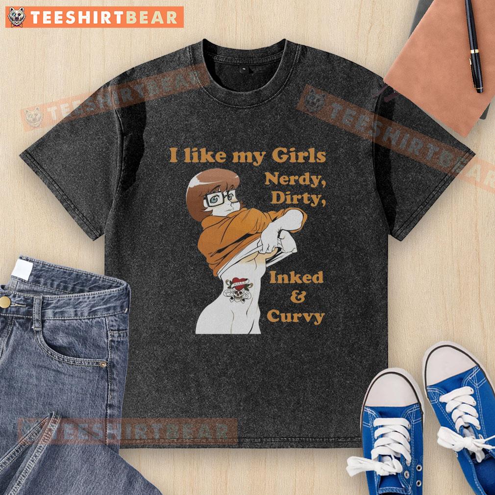 pretty-velma-dinkley-scooby-doo-i-like-my-girls-nerdy-dirty-inked-and-curvy-washed-t-shirt Pretty Velma Dinkley Scooby-Doo T-shirt featuring 'I Like My Girls Nerdy, Dirty, Inked, and Curvy' design.