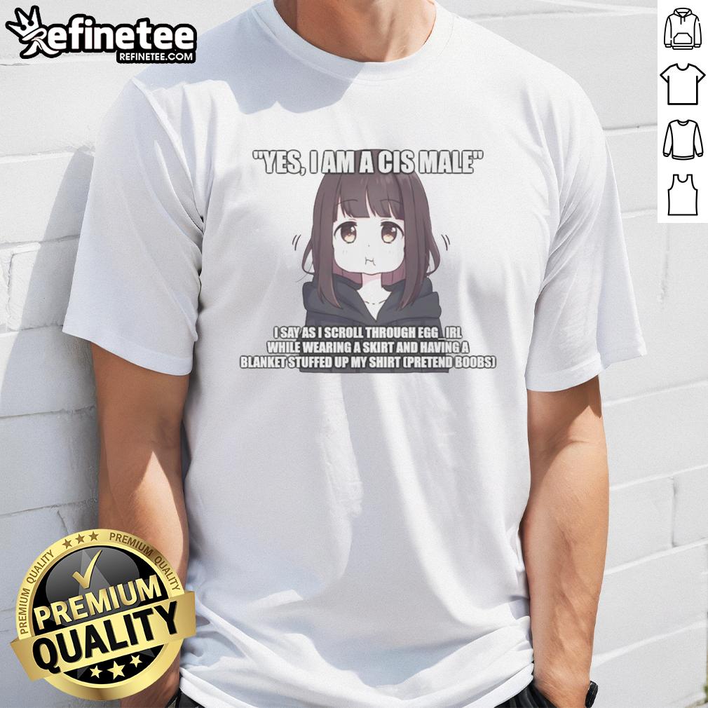 pretty-yes-i-am-a-cis-male-i-say-as-i-scroll-through-eggirl-t-shirt Man wearing 'Pretty Yes I Am A Cis Male' Eggirl T-Shirt while scrolling on his phone, showcasing trendy casual fashion.