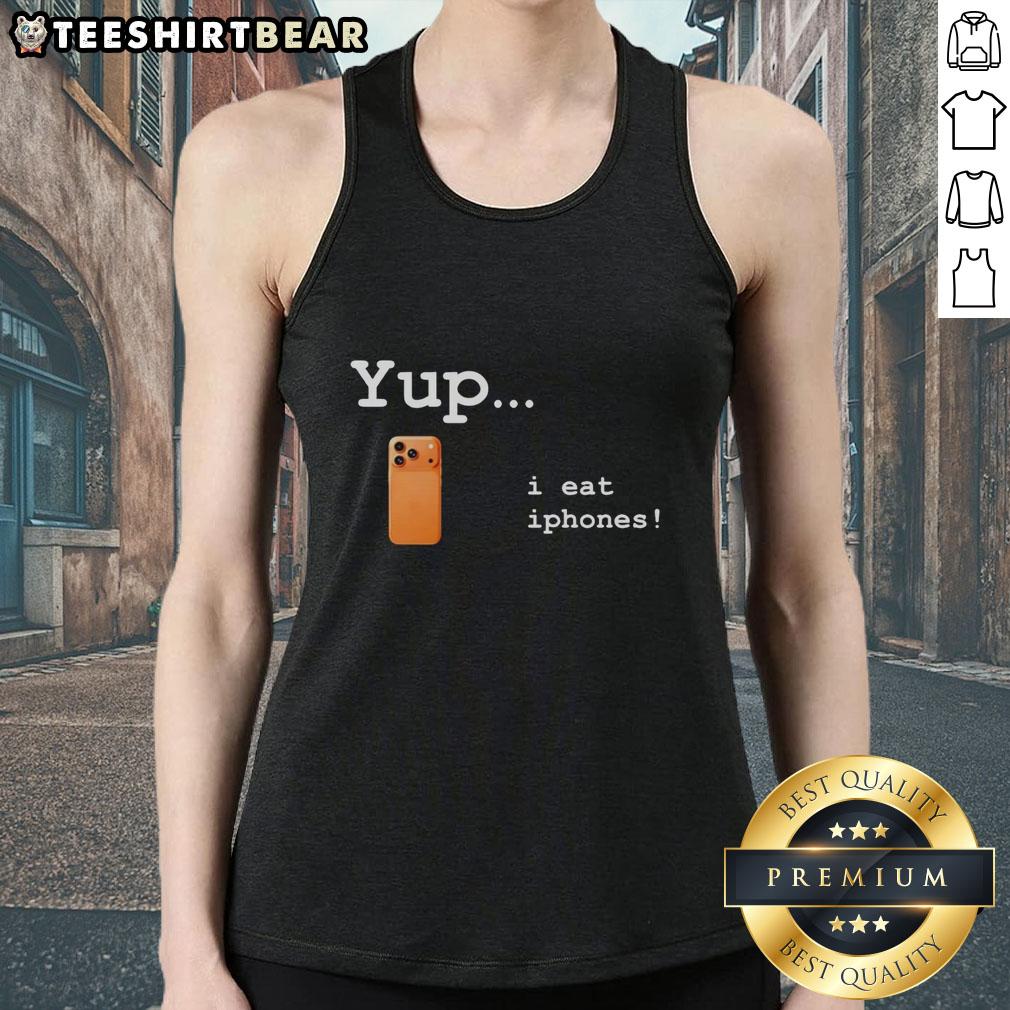 pretty-yup-i-eat-iphones-tank-top Trendy 'Pretty Yup I Eat iPhones' tank top displayed on a mannequin, perfect for tech-loving fashion enthusiasts.