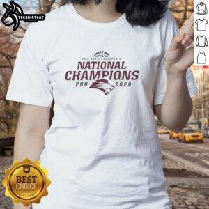 Original Fhu Belfry 2026 Naia National Champions Ladies Tee featuring team logo and championship details.