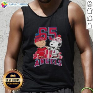 Alt Text: Pretty Charlie Brown and Snoopy tank top celebrating Los Angeles Angels 65th anniversary with city skyline design.